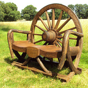 Reclaimed Teak Wagon Wheel Bench