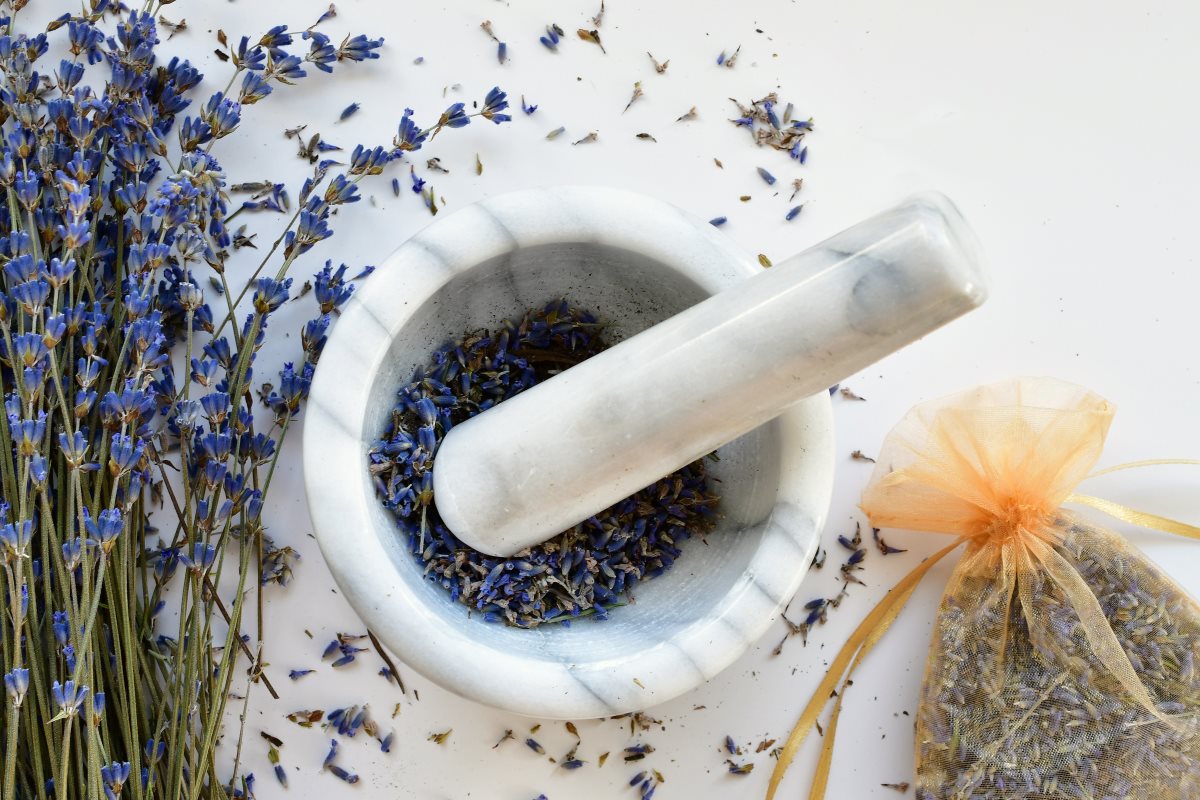 Pestle and mortar with lavender